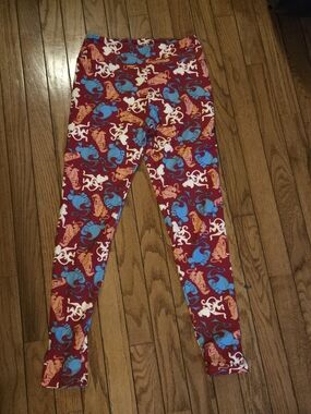LuLaRoe Burgundy Leggings with Blue, Orange & Cream Motif